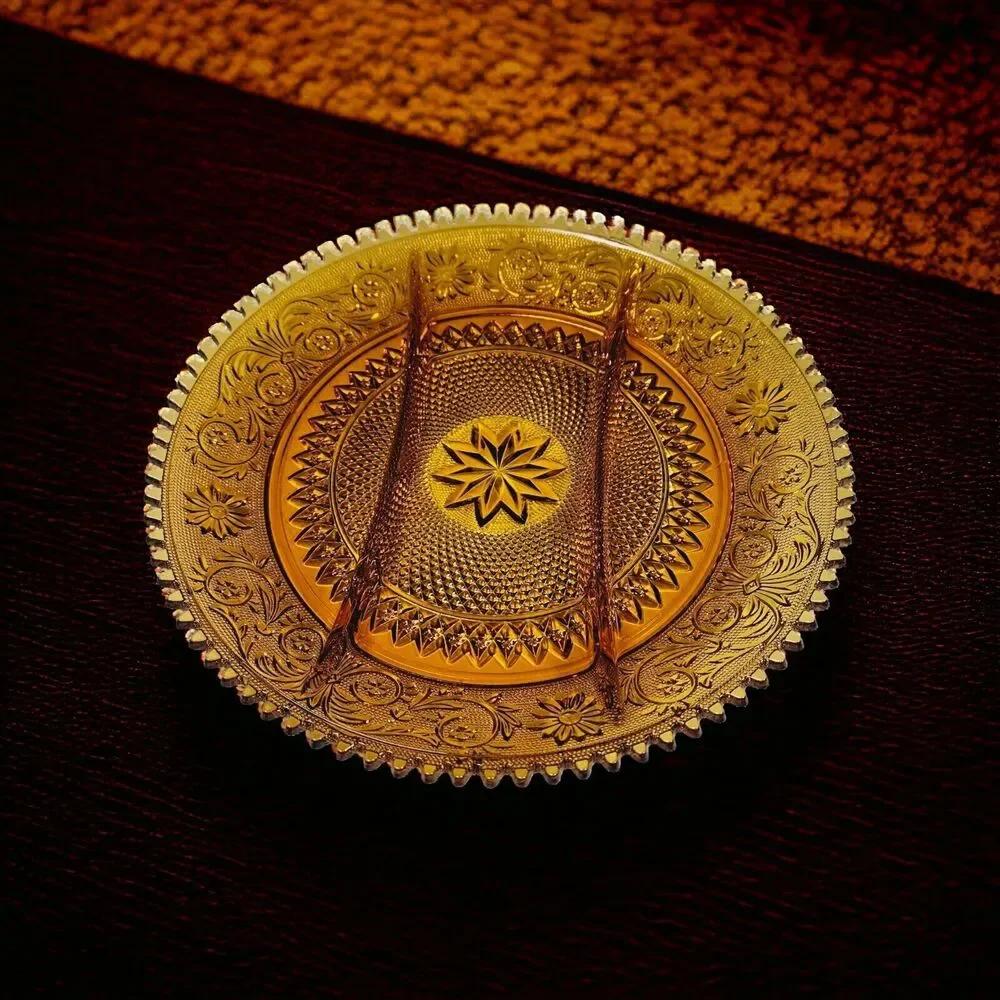 Vtg Amber Indiana Glass Divided Platter Scalloped Edge Sandwich Relish Tray